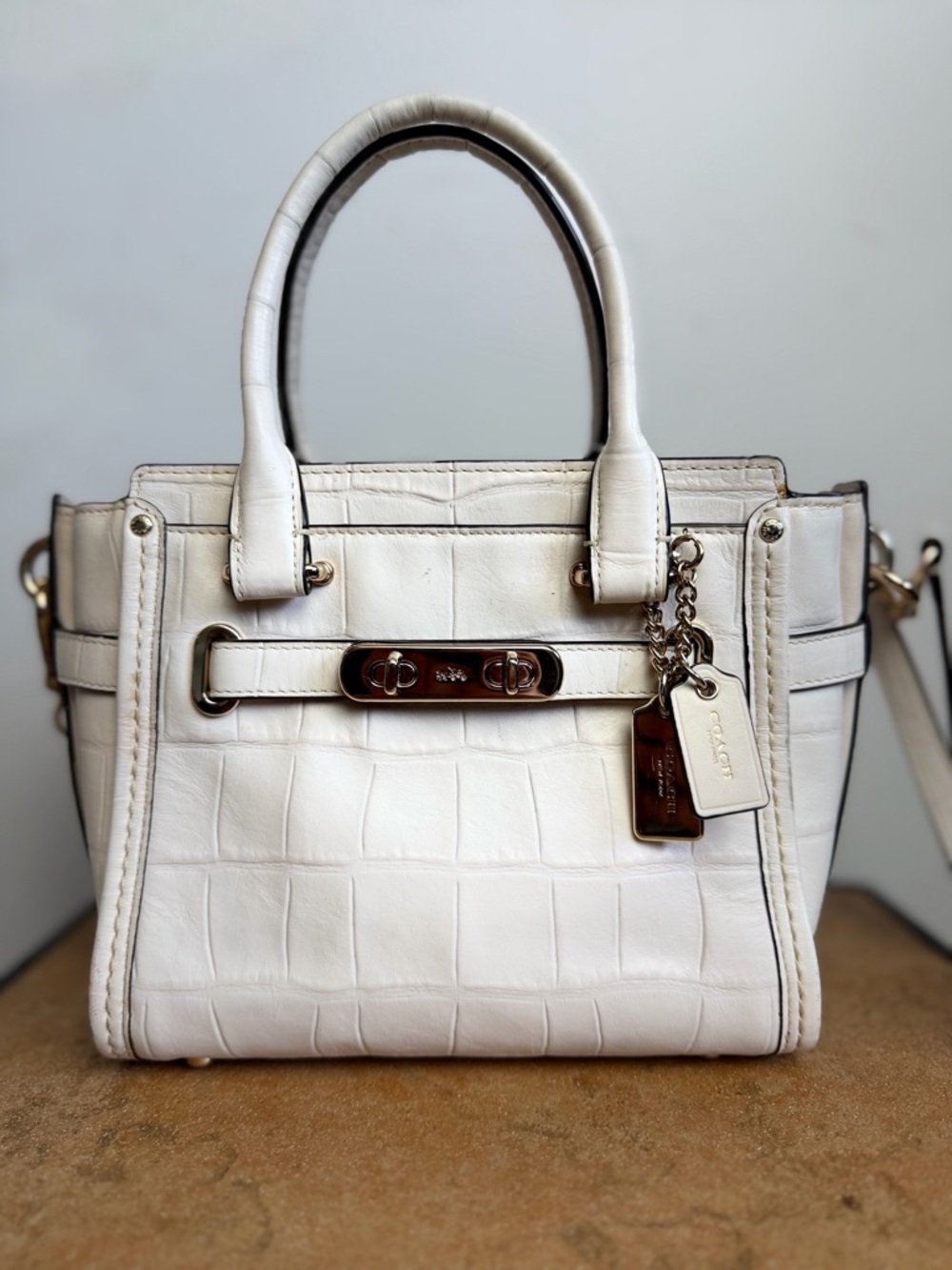 Coach Swagger 21 Croc Embossed Leather Mini Satchel Crossbody Bag White